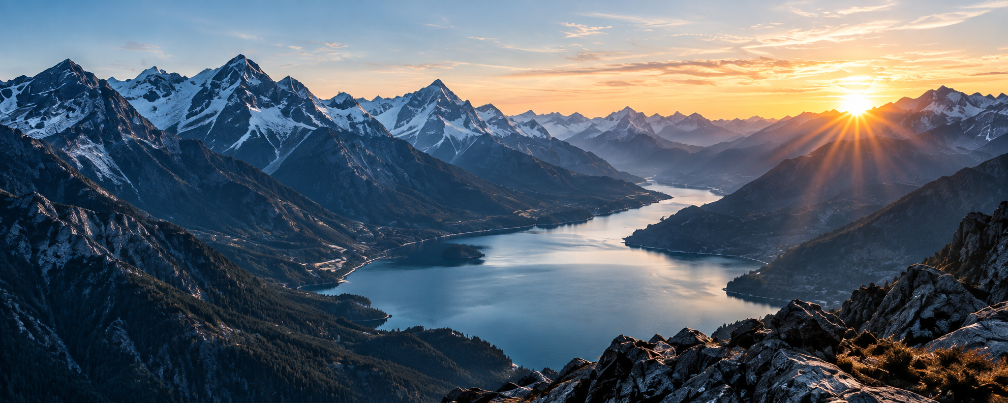 Mountain valley and alpine lake at sunrise
