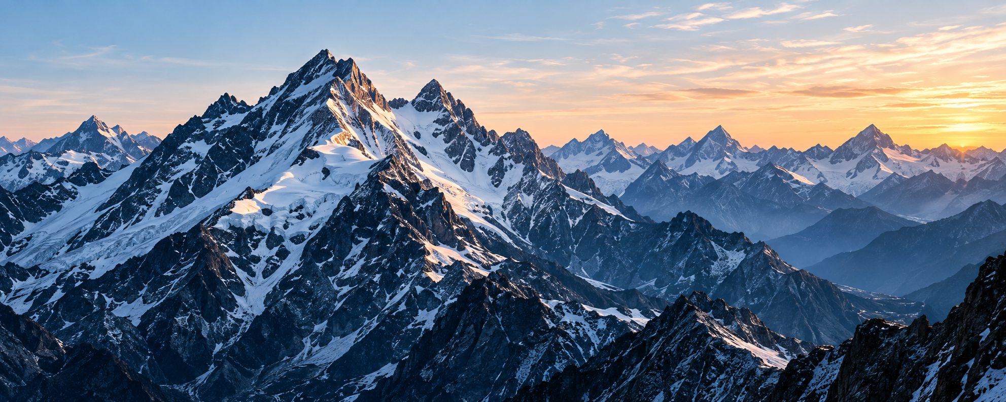 Snow-covered mountain peaks at sunrise
