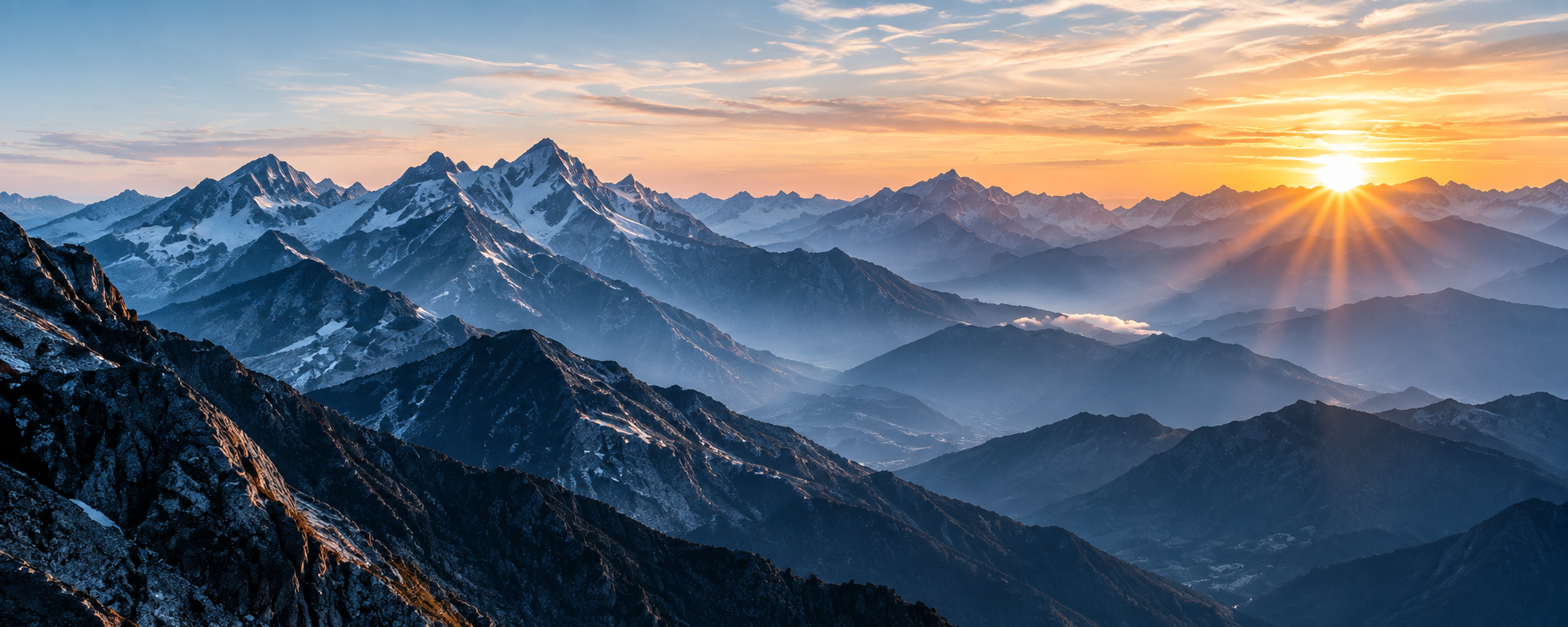Layered mountain ranges beneath a bright sunrise